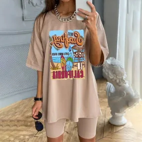 1Pcs White Tees Summer Casual Oversized Tee Best Surfing Santa Monica California Womens Retro Style