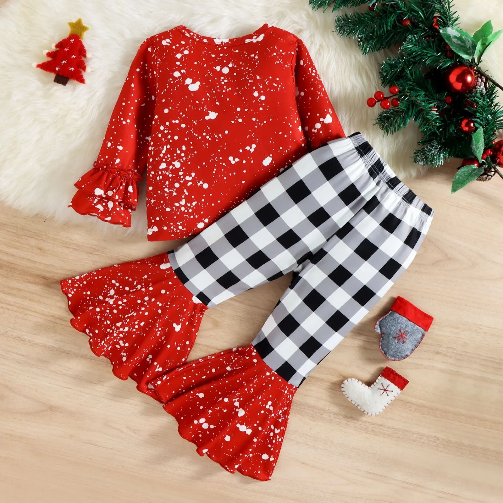 2 Pieces Set Baby Kid Girls Christmas Letters Cartoon Tops And Checked Pants Wholesale 23112812