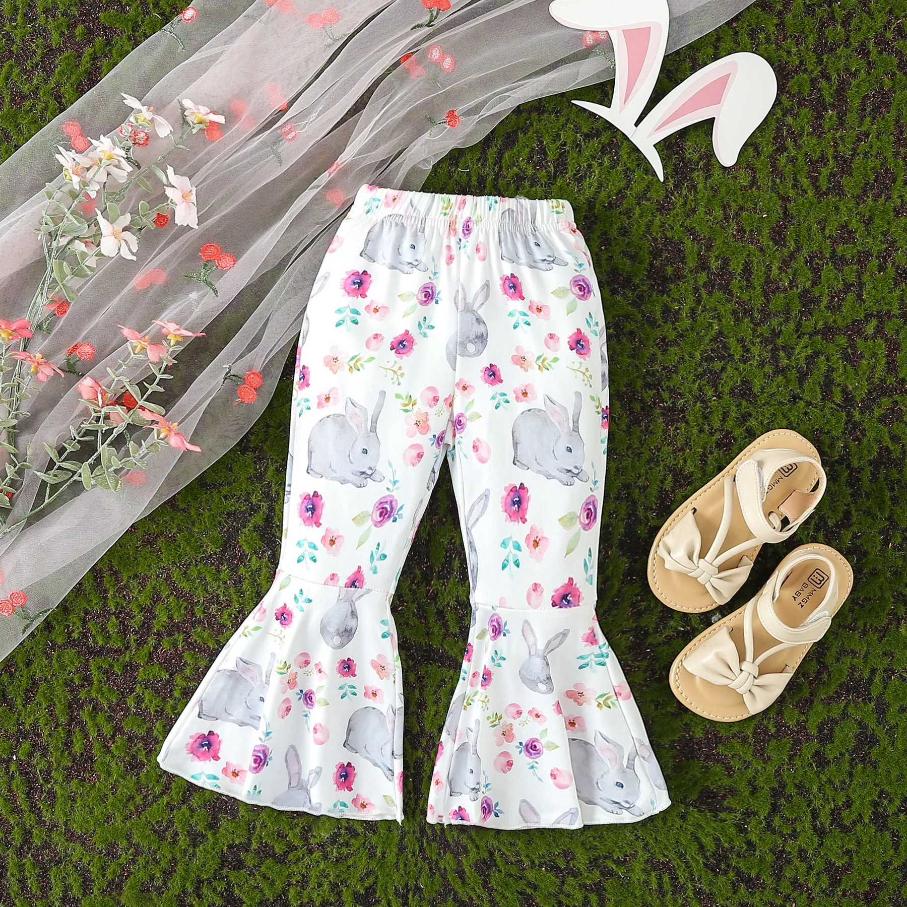 2 Pieces Set Baby Kid Girls Easter Flower Animals Print Tops And Pants Wholesale 24030192