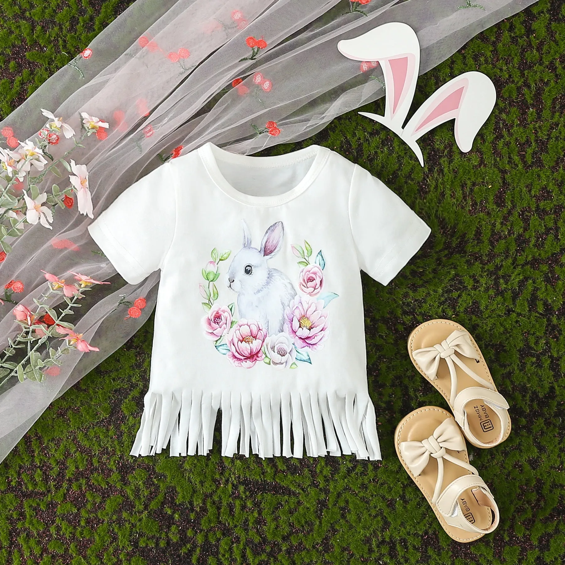 2 Pieces Set Baby Kid Girls Easter Flower Animals Print Tops And Pants Wholesale 24030192