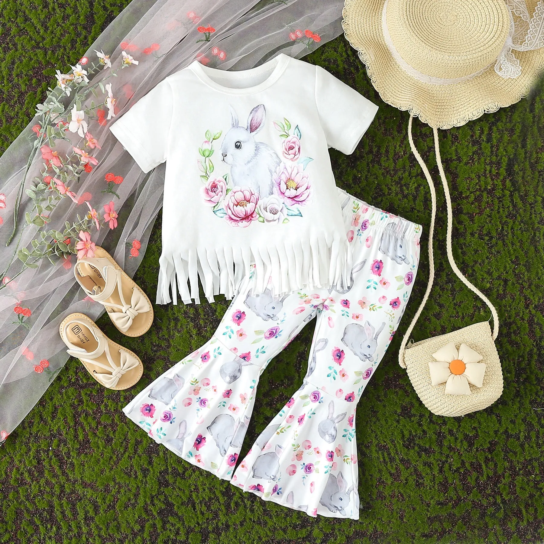 2 Pieces Set Baby Kid Girls Easter Flower Animals Print Tops And Pants Wholesale 24030192