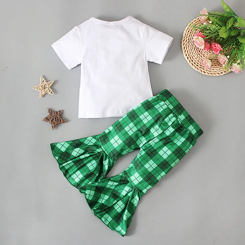 2 Pieces Set Baby Kid Girls St Patrick's Day Letters Tops And Checked Pants Wholesale 24030105