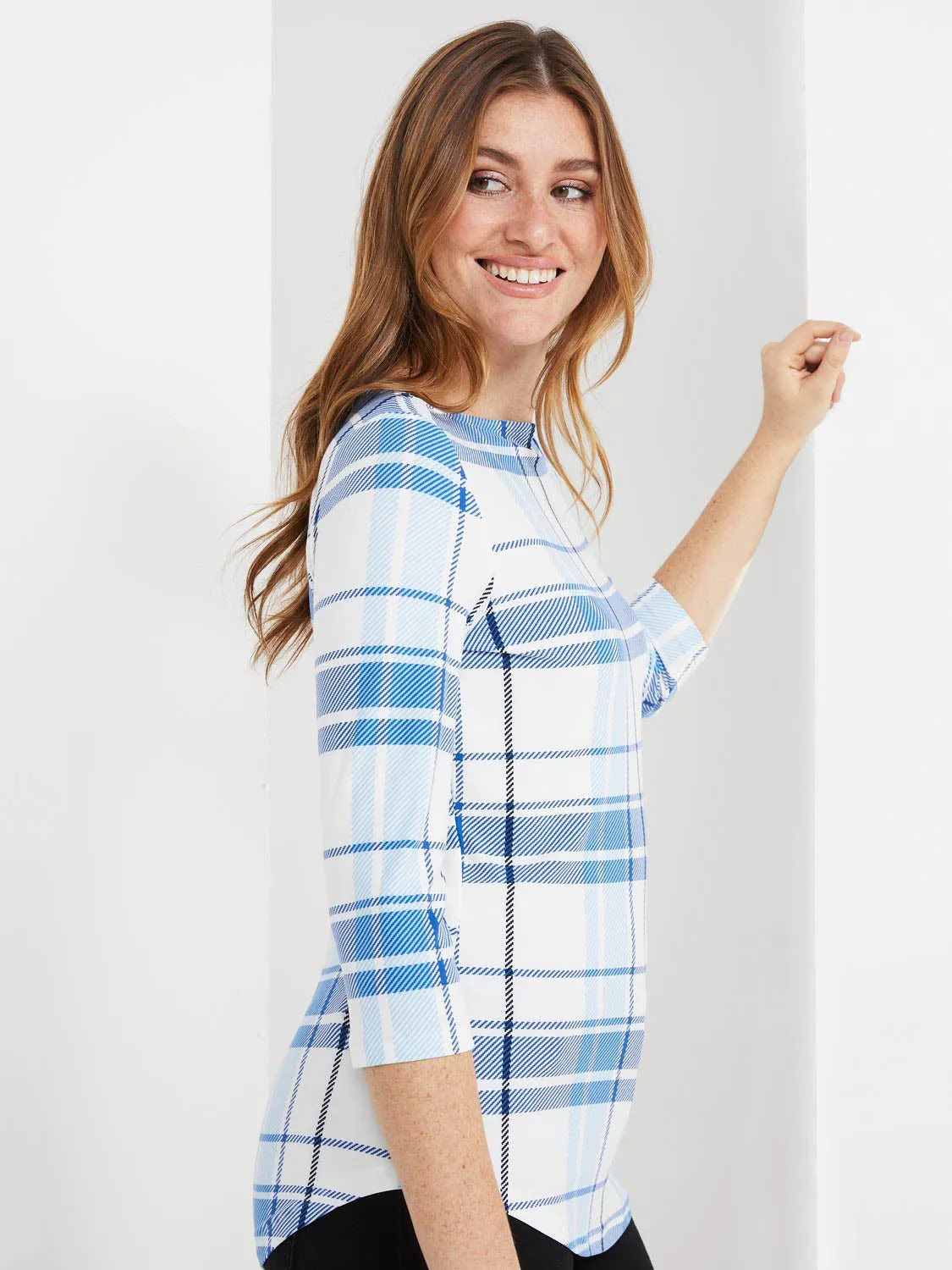 3/4 Sleeve Plaid Boat Neck Top