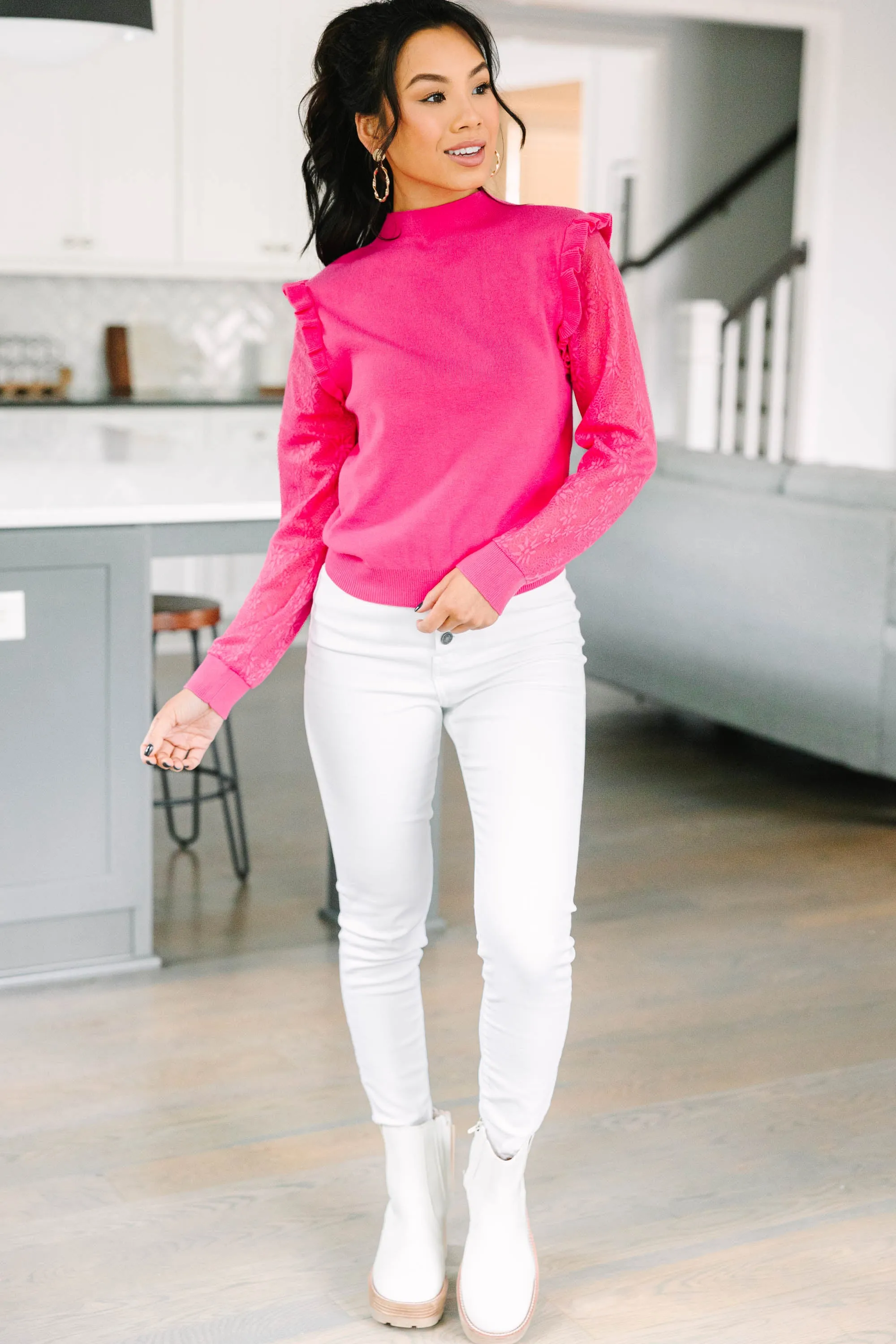 All Around The Way Fuchsia Pink Ruffled Sweater