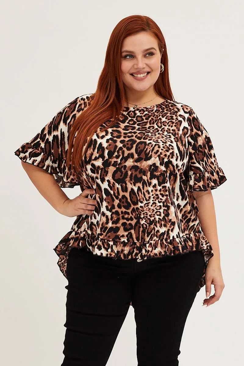 Animal Print Top Round Neck Frill Detail Sleeve