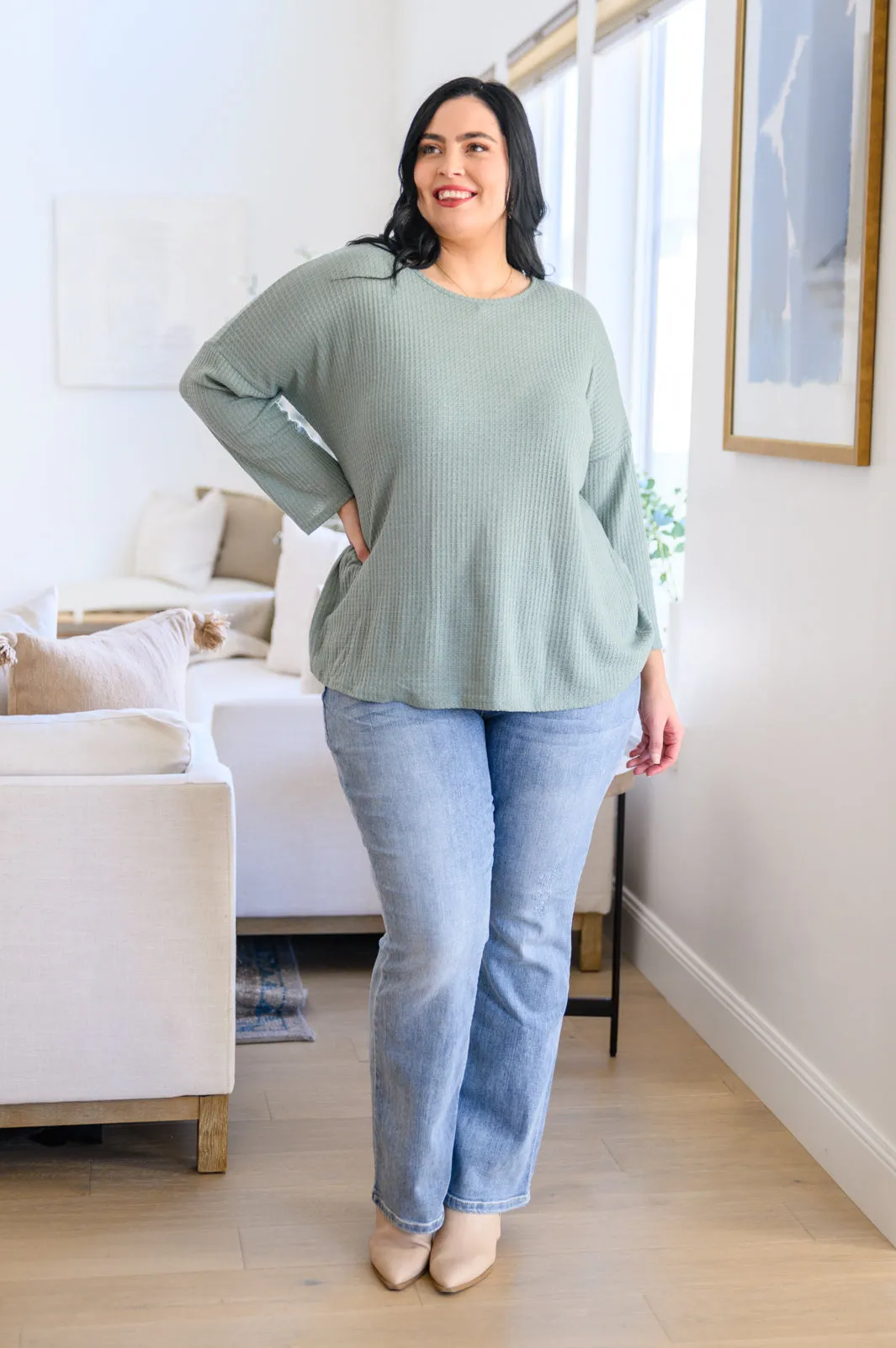 Austin Waffle Knit Basic Top In Sage- USE CODE SPRING24 for 40% OFF!!!!