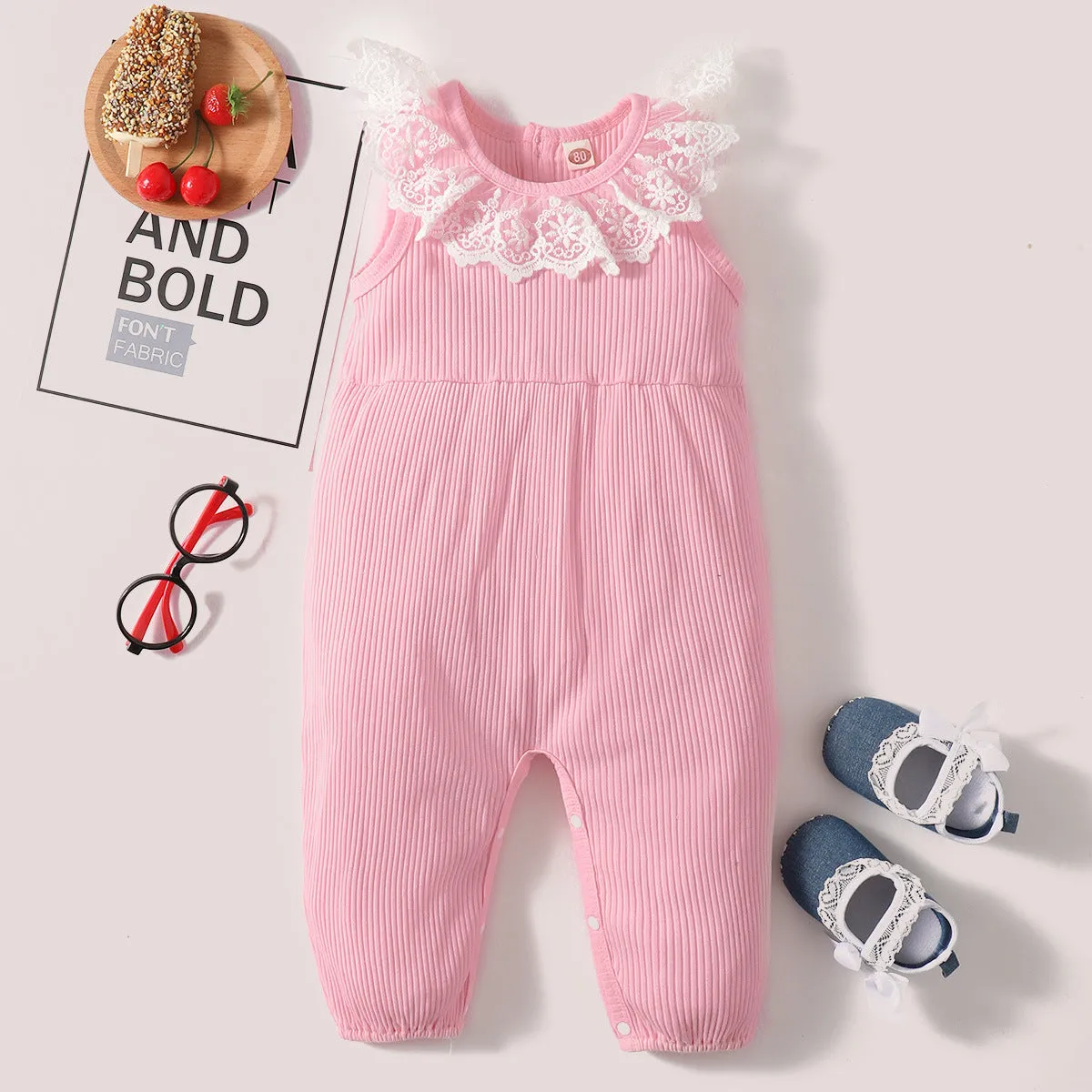 Baby Girls Solid Color Striped Lace Jumpsuits