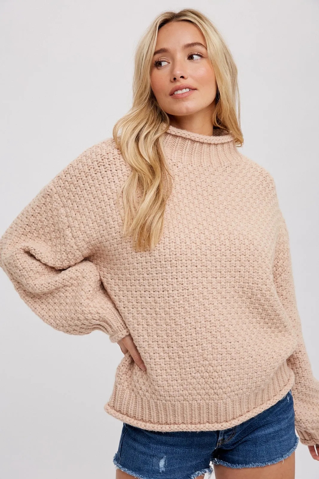 Beige Chunky Knit Mock Neck Maternity Sweater