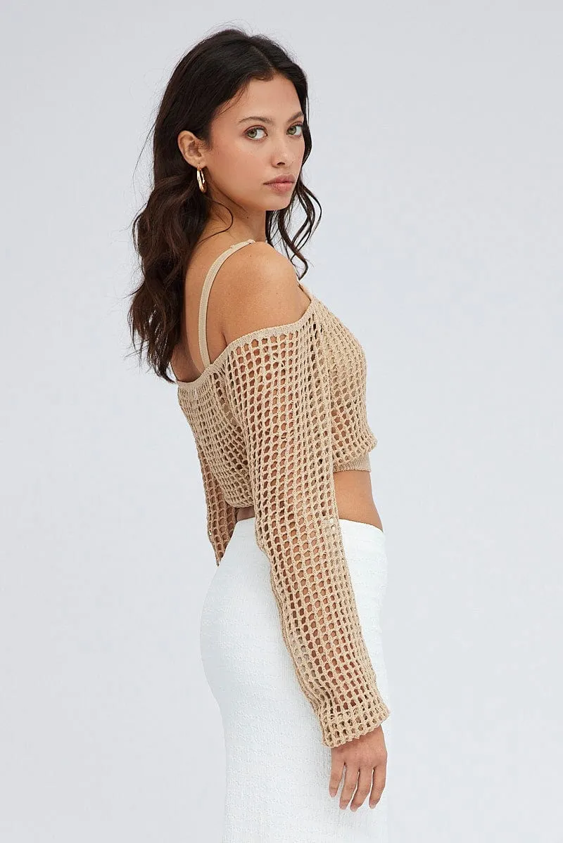 Beige Crochet Knit Top Long Sleeve Square Neck