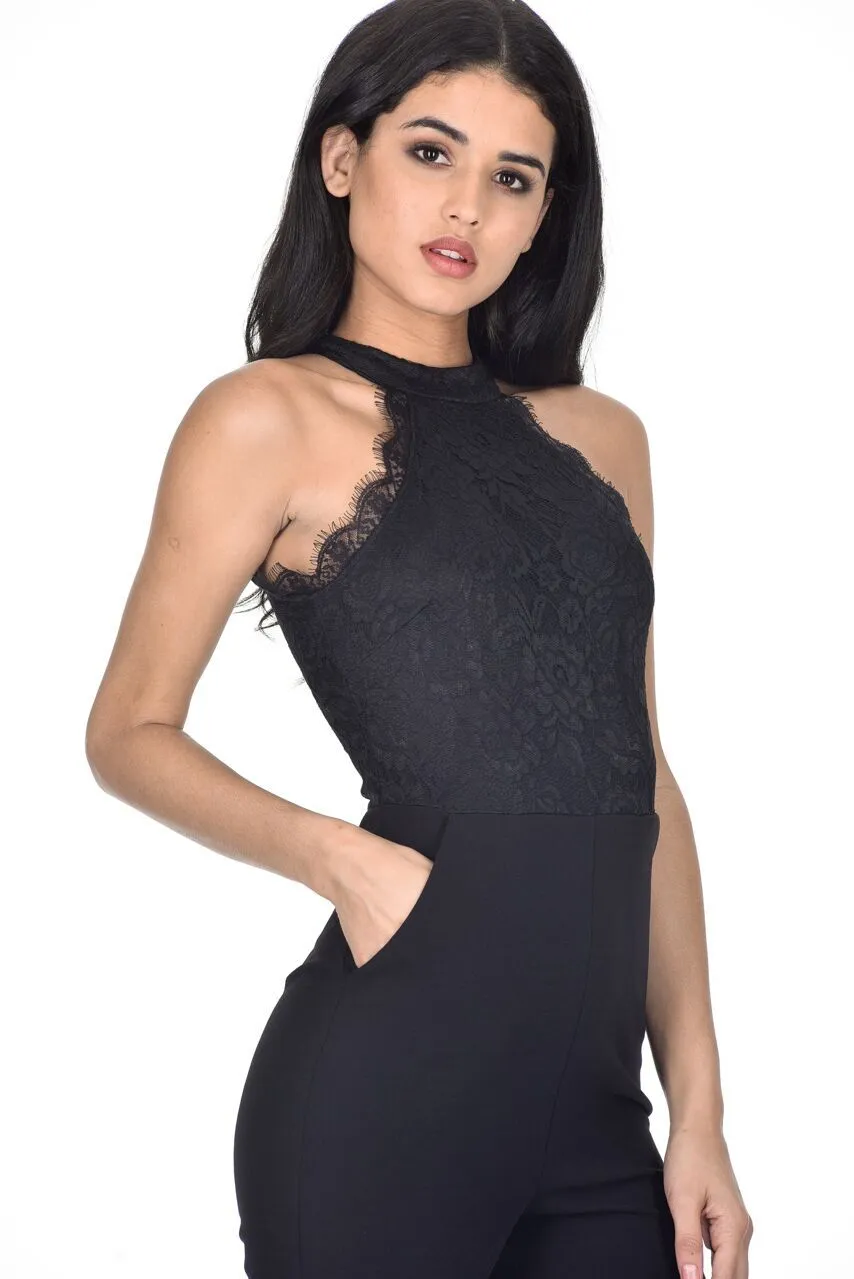 Black Cut In Neck Lace Jumpsuit