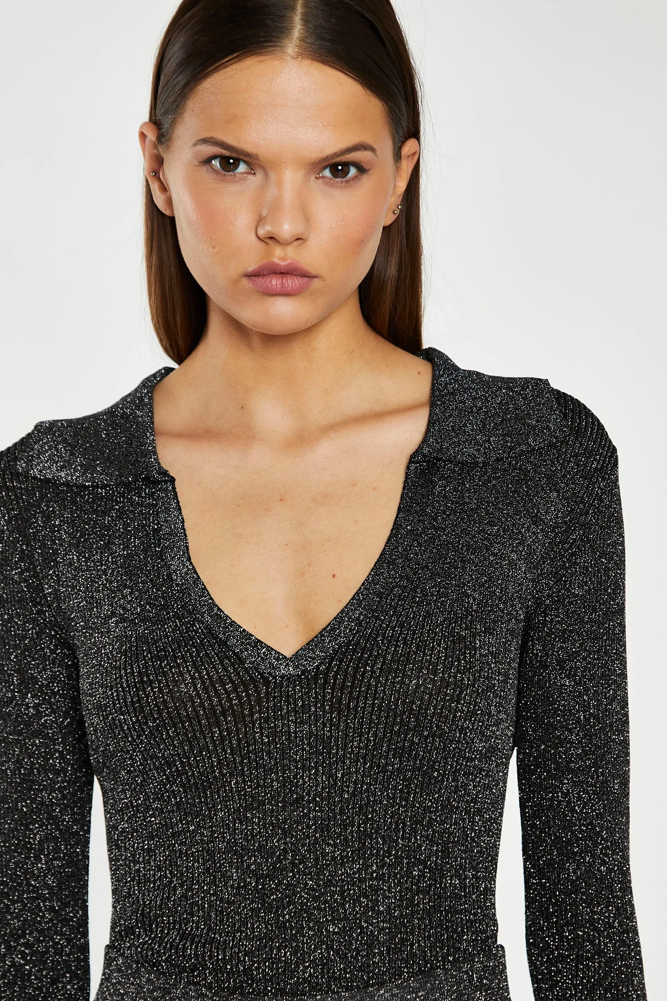 Black-Silver Rib Collared V-Neck -Bodysuit