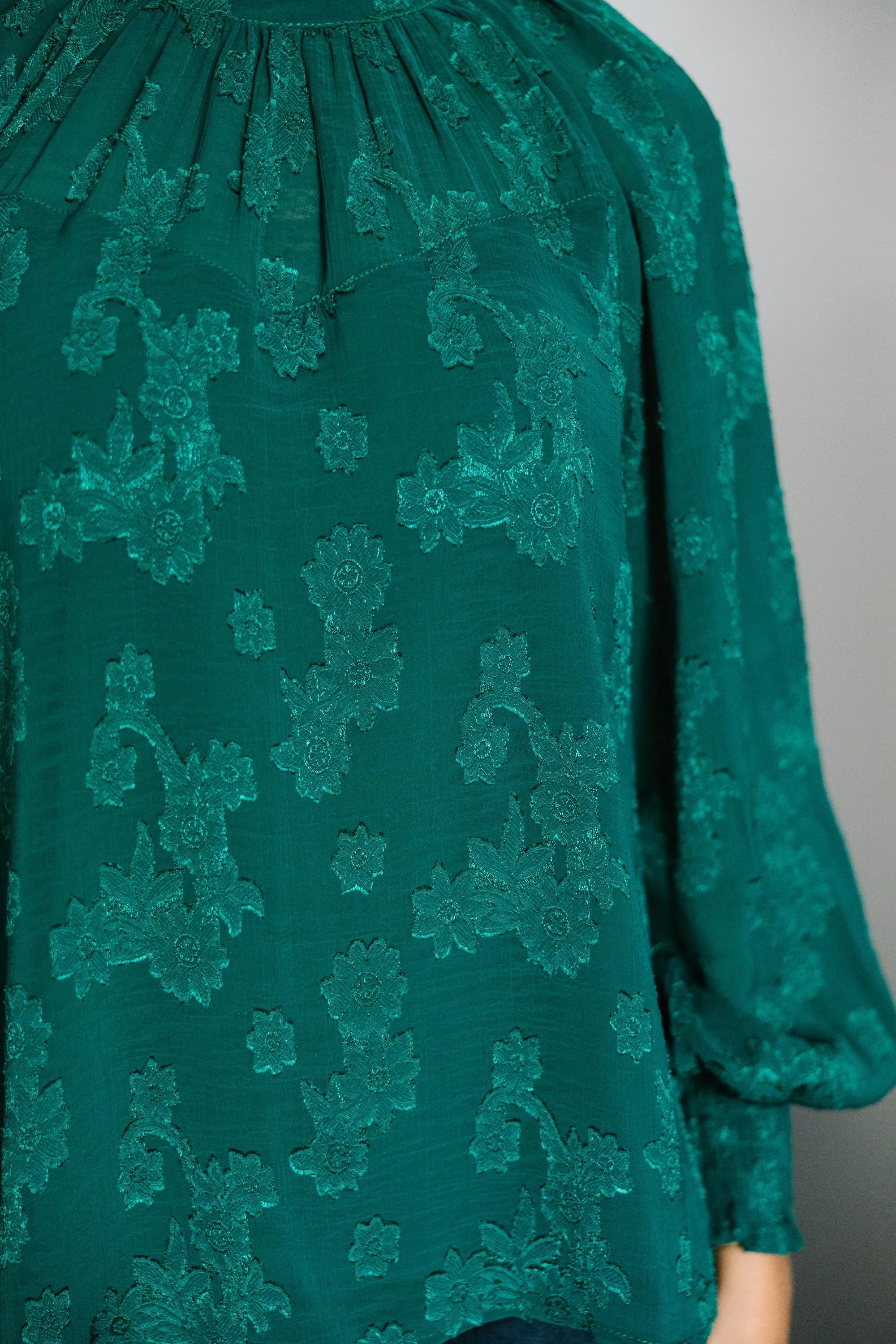 Check The List Hunter Green Textured Floral Blouse