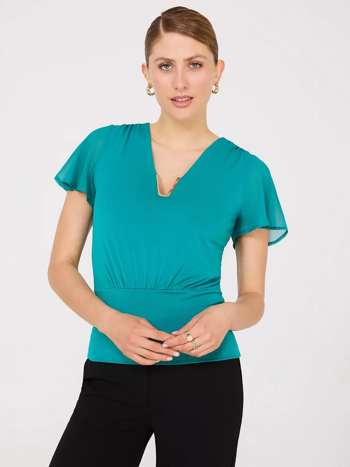 Chiffon Flutter Sleeve Top With Metal Detail