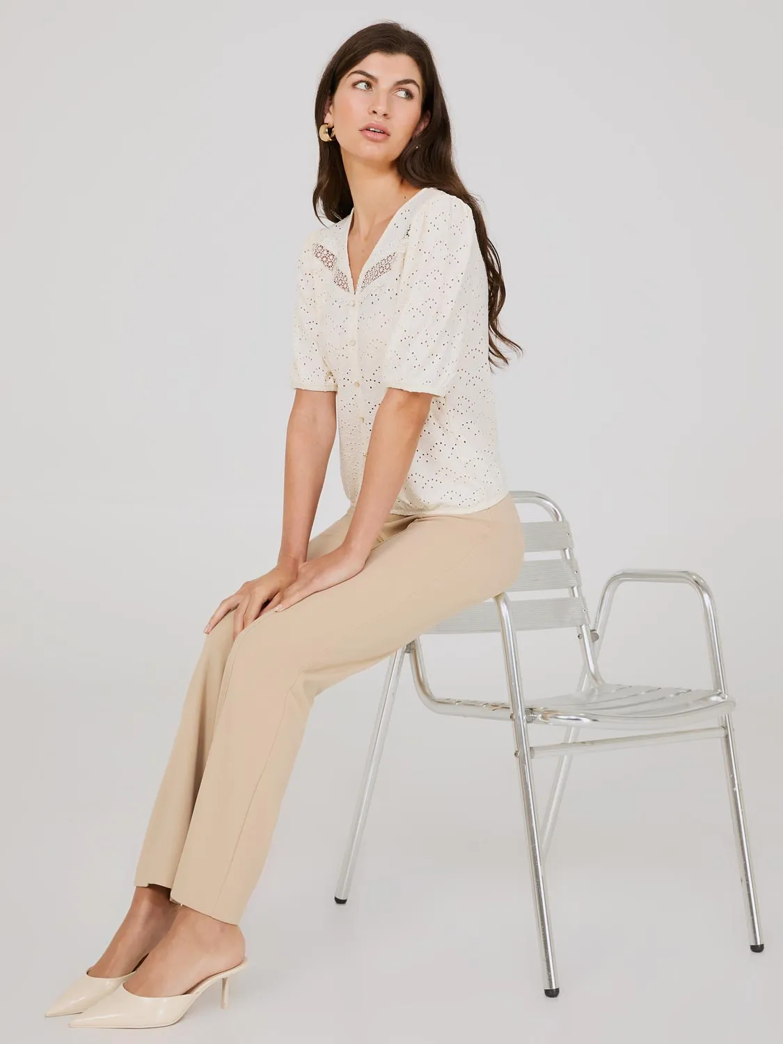 Eyelet V-Neck Top With Balloon Sleeves