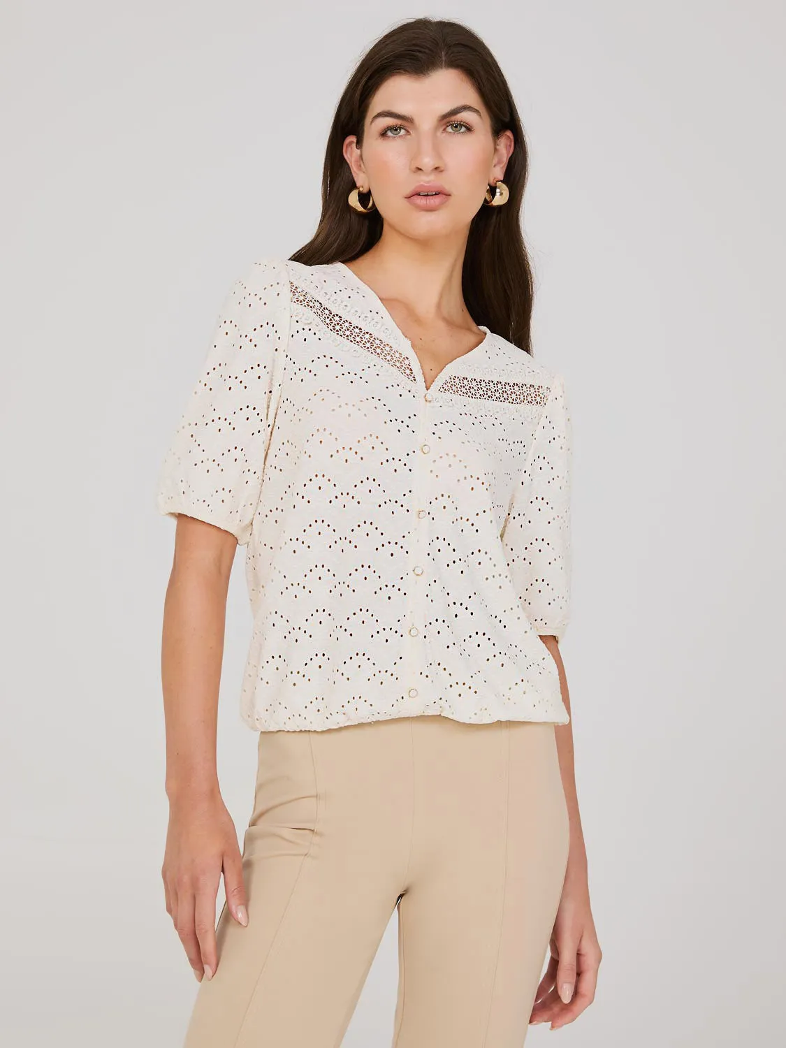 Eyelet V-Neck Top With Balloon Sleeves