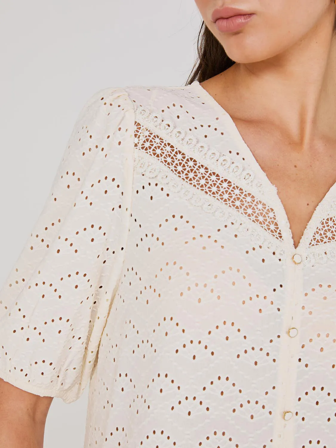 Eyelet V-Neck Top With Balloon Sleeves