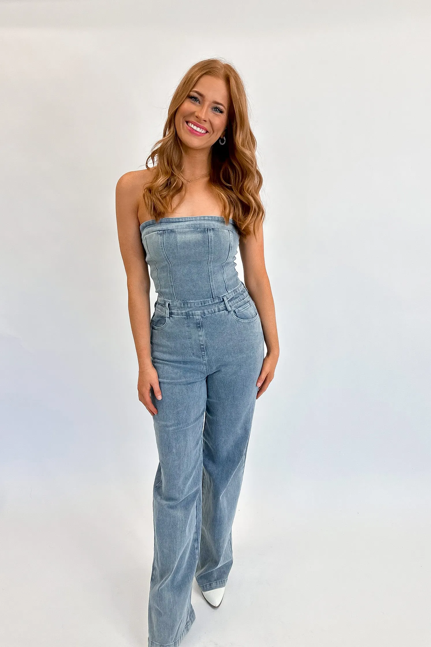 Faded Denim Strapless Jumpsuit