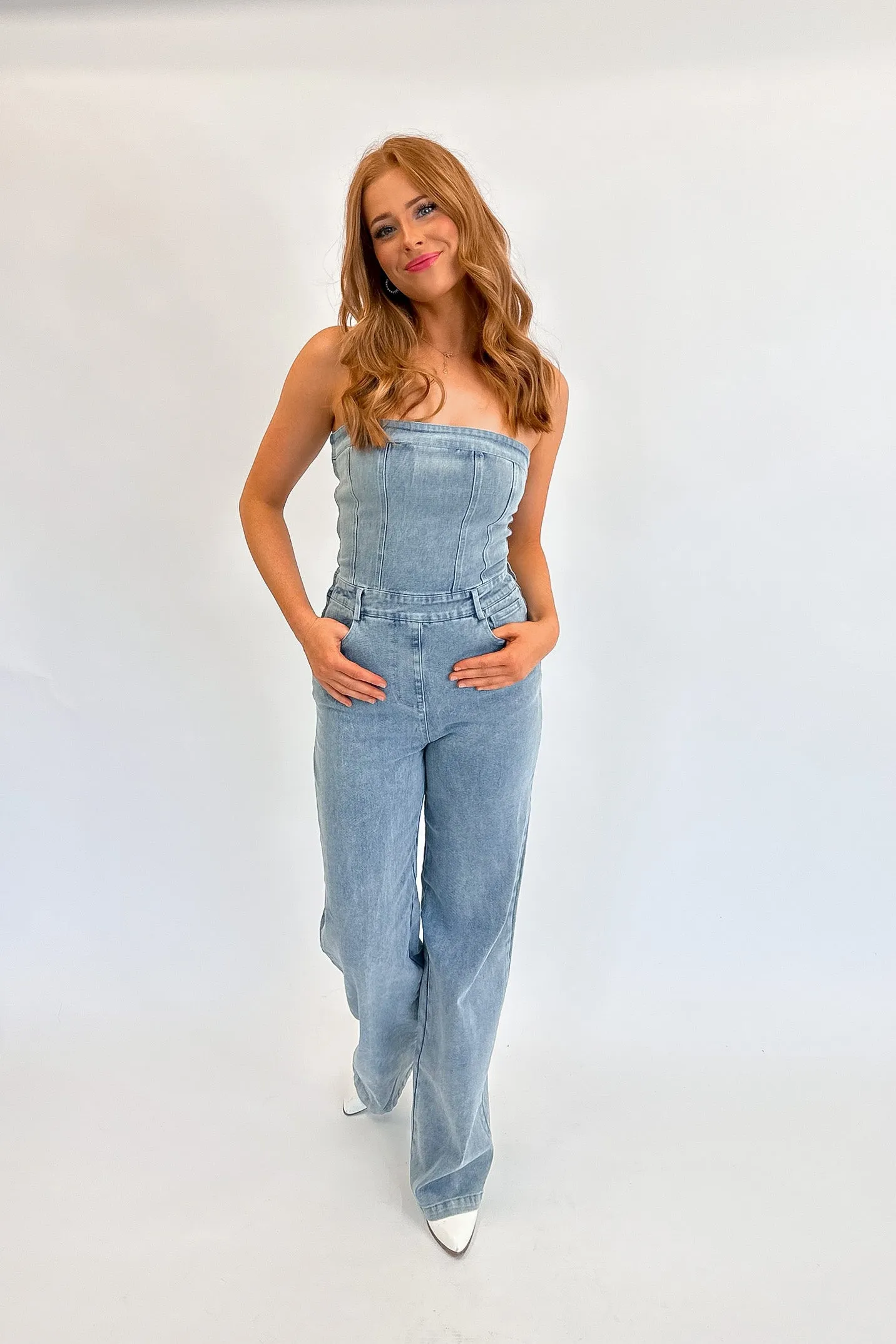 Faded Denim Strapless Jumpsuit