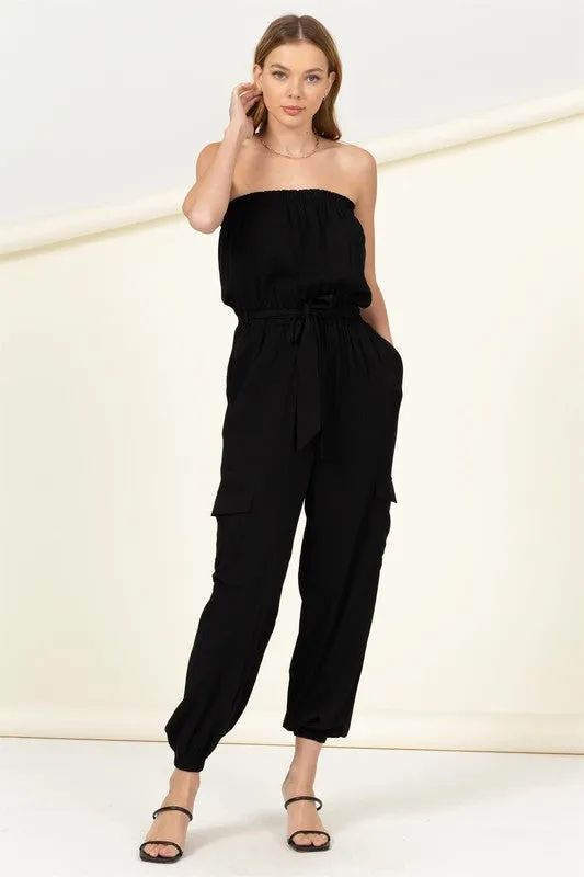 FLAP POCKET SIDE BELTED TUBE JUMPSUIT