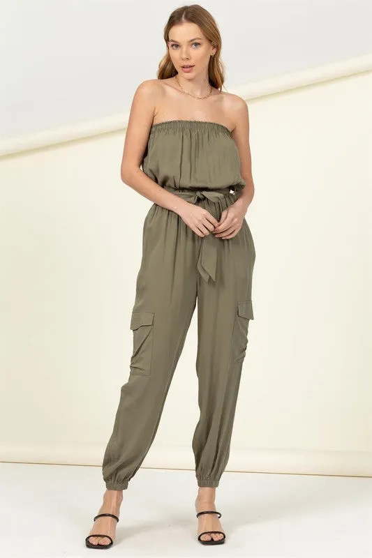 FLAP POCKET SIDE BELTED TUBE JUMPSUIT