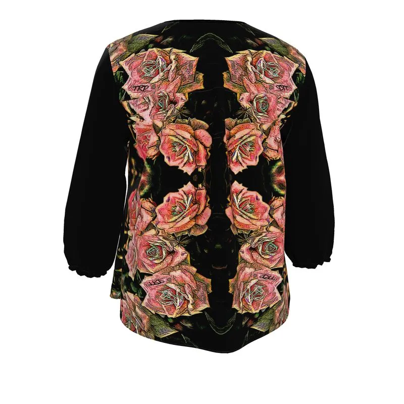 Floral Embosses: Roses 06-01 Designer 3/4 Sleeve Notch Neck Tunic Blouse