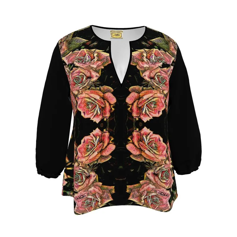 Floral Embosses: Roses 06-01 Designer 3/4 Sleeve Notch Neck Tunic Blouse