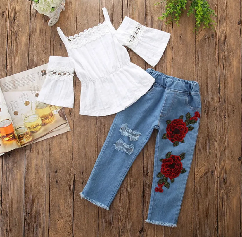 GIRLS RUFFLE OFF-SHOULDER BLOUSE JEANS SET