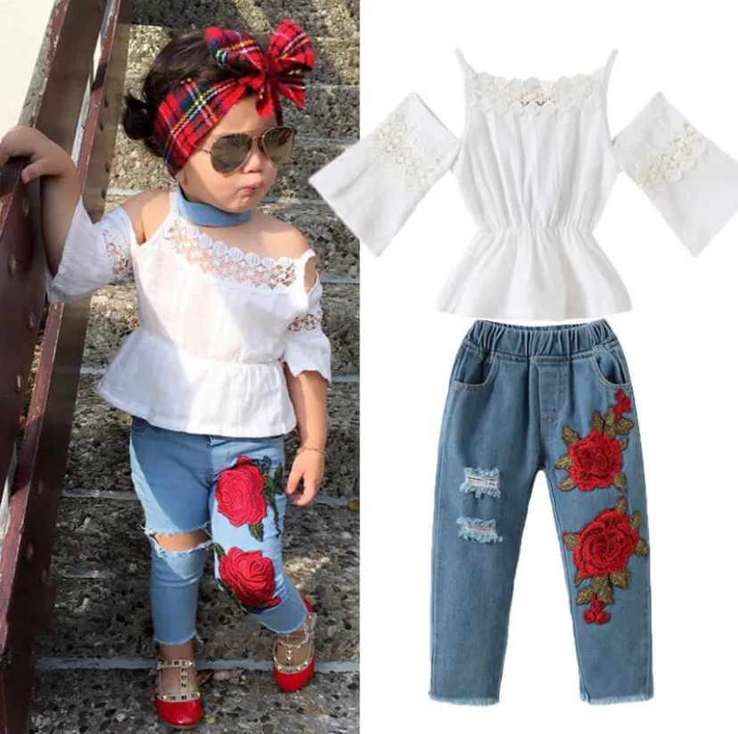 GIRLS RUFFLE OFF-SHOULDER BLOUSE JEANS SET