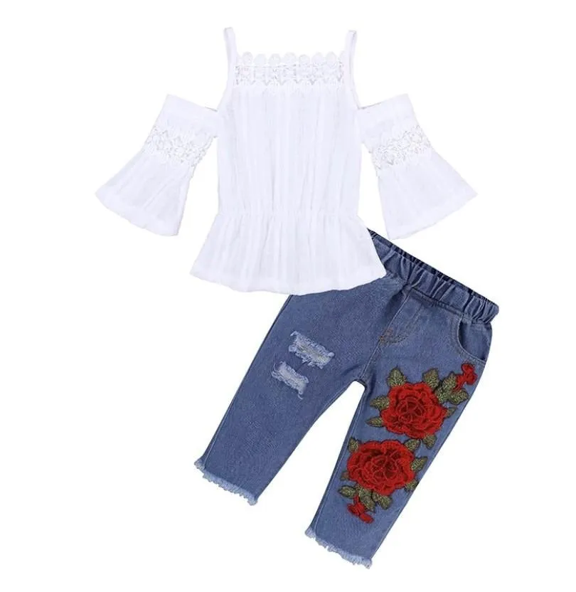 GIRLS RUFFLE OFF-SHOULDER BLOUSE JEANS SET