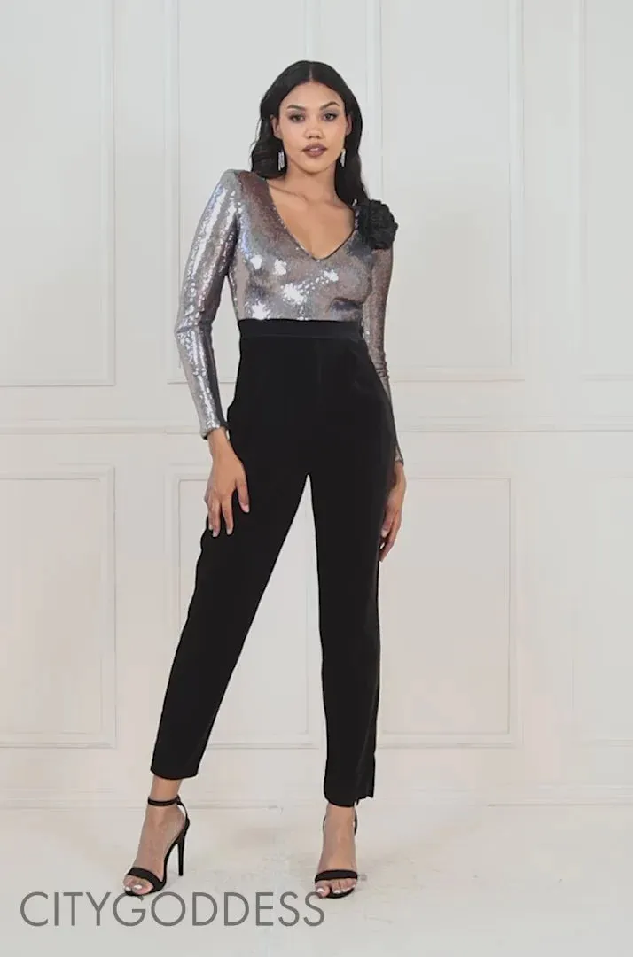 Goddiva Liquid Sequin Jumpsuit With Corsage