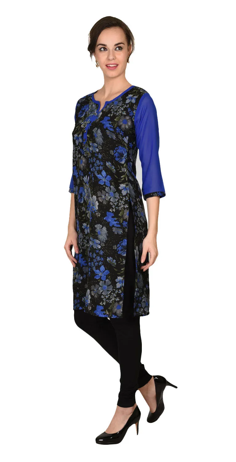 India Tunic Top Long Kurti Georgette Womens Printed Indian Clothing (Blue)