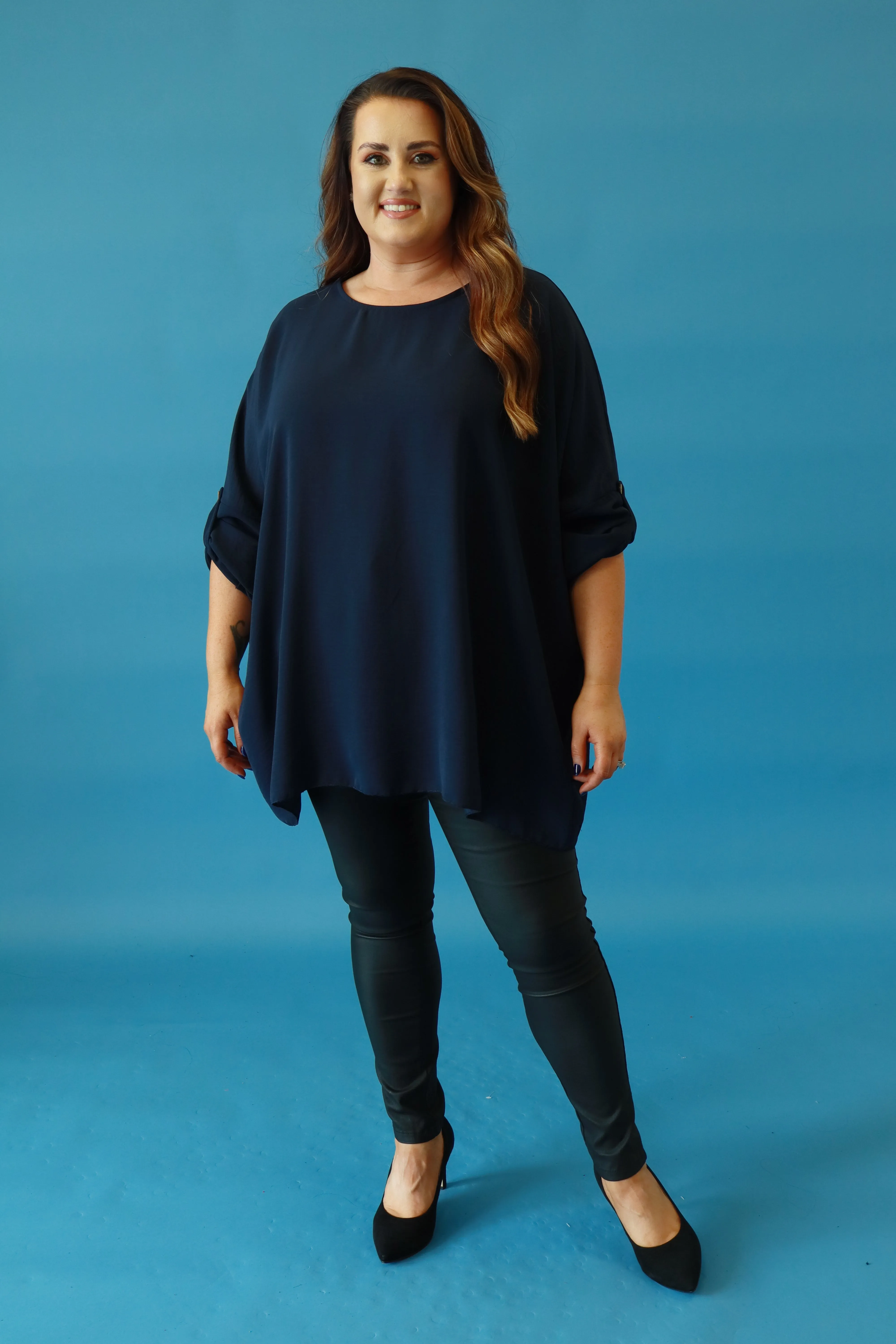 Kayla Blouse with Turn Up Sleeve in Navy