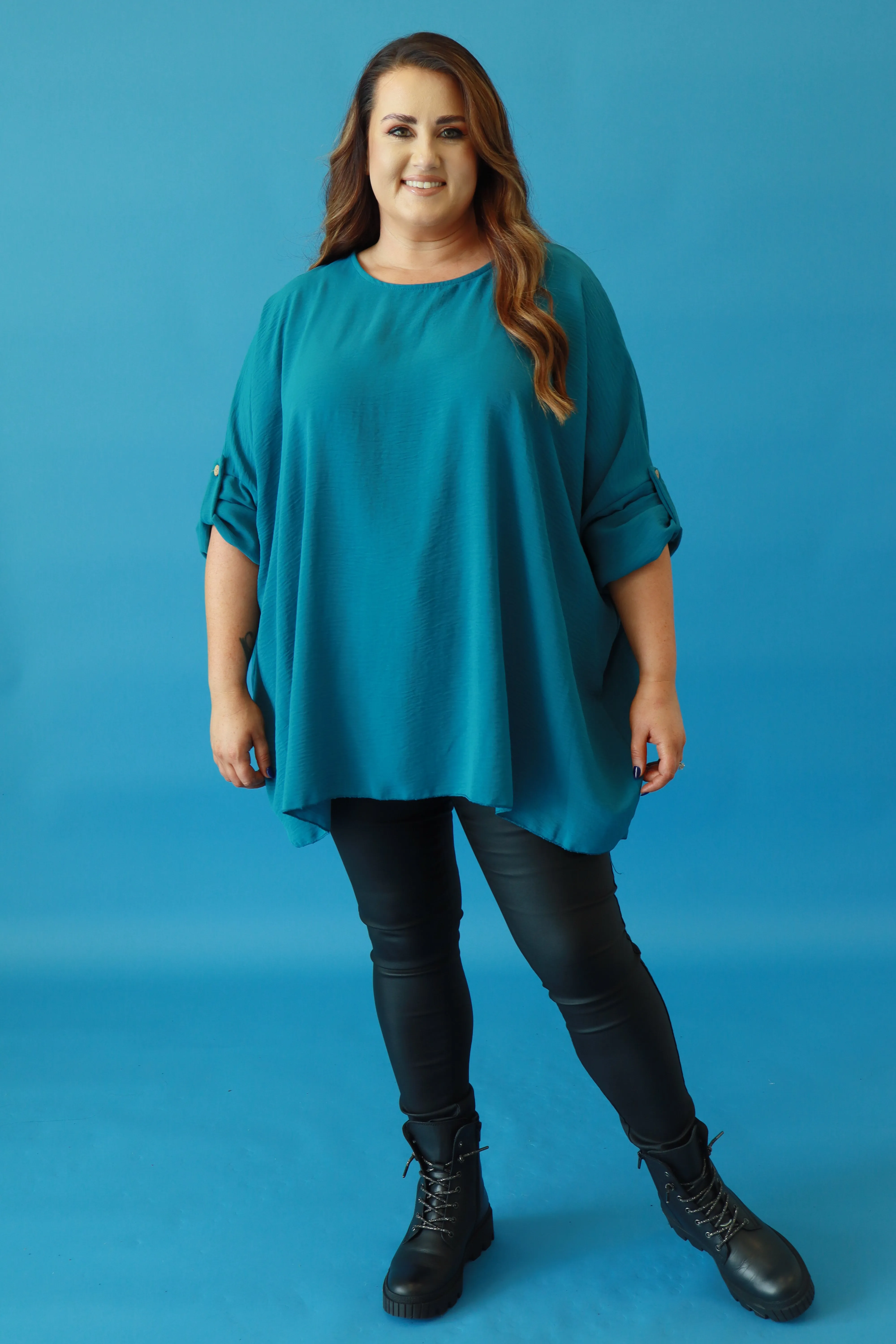 Kayla Blouse with Turn Up Sleeve in Teal