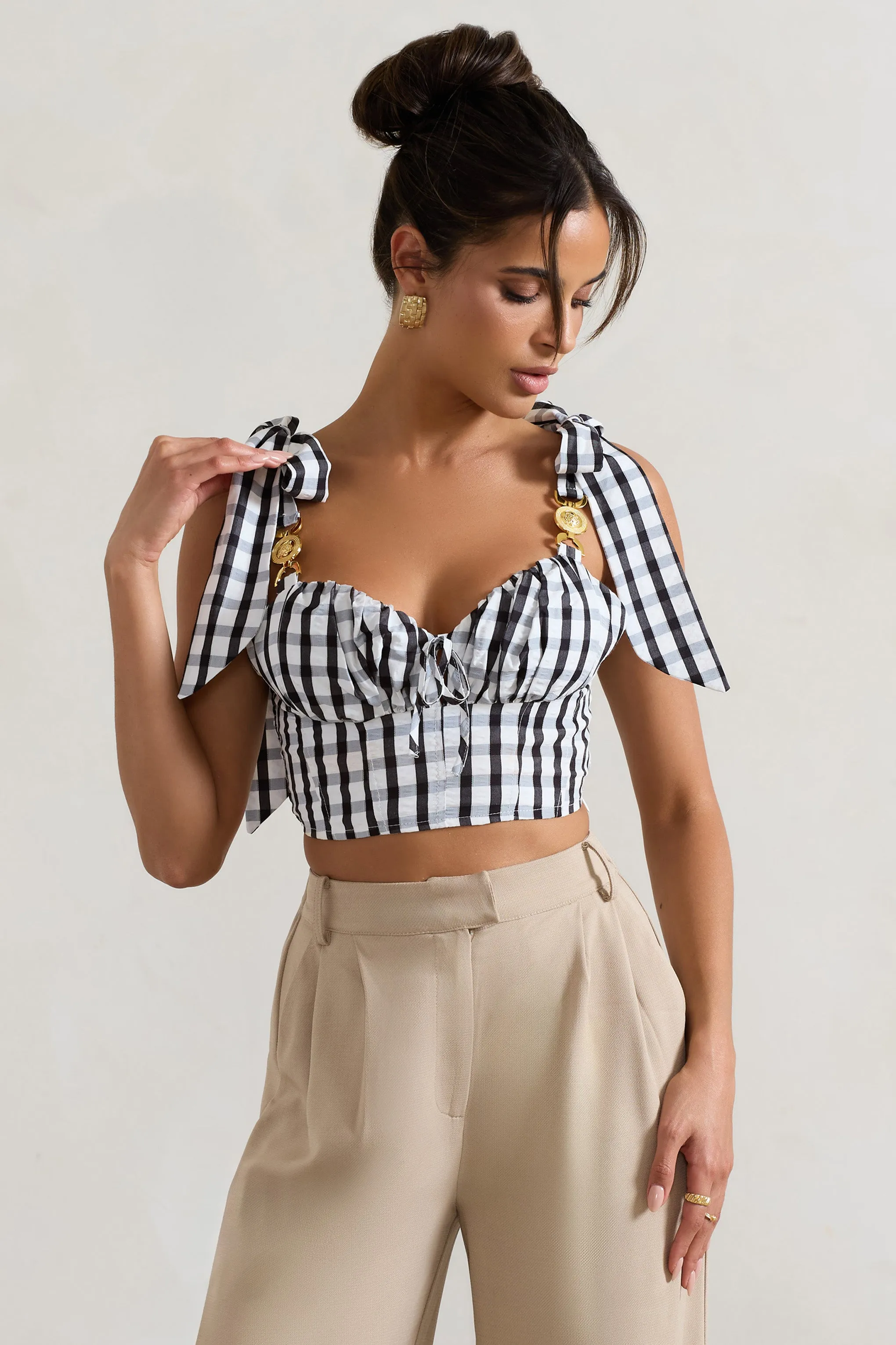 Maud | Black & White Gingham Crop Top With Tie Straps