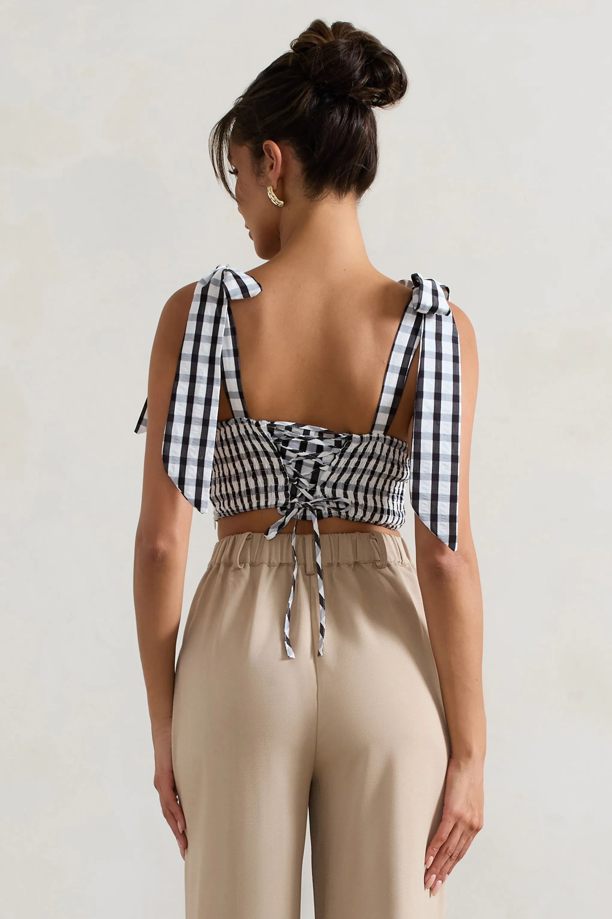 Maud | Black & White Gingham Crop Top With Tie Straps