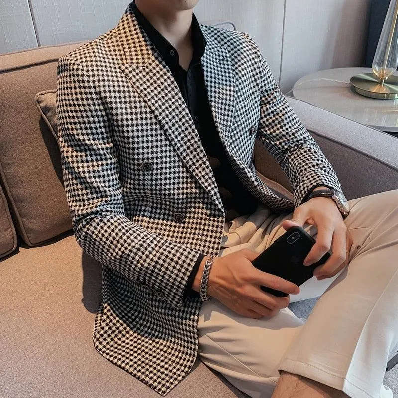 Men Blazer - Double-Breasted Houndstooth Blazer