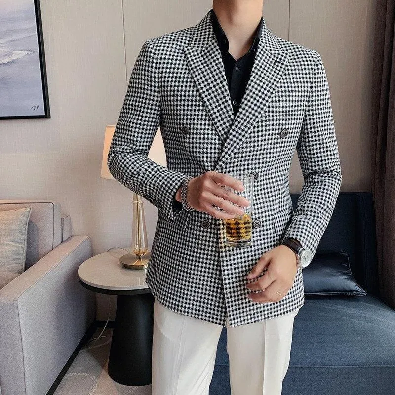 Men Blazer - Double-Breasted Houndstooth Blazer