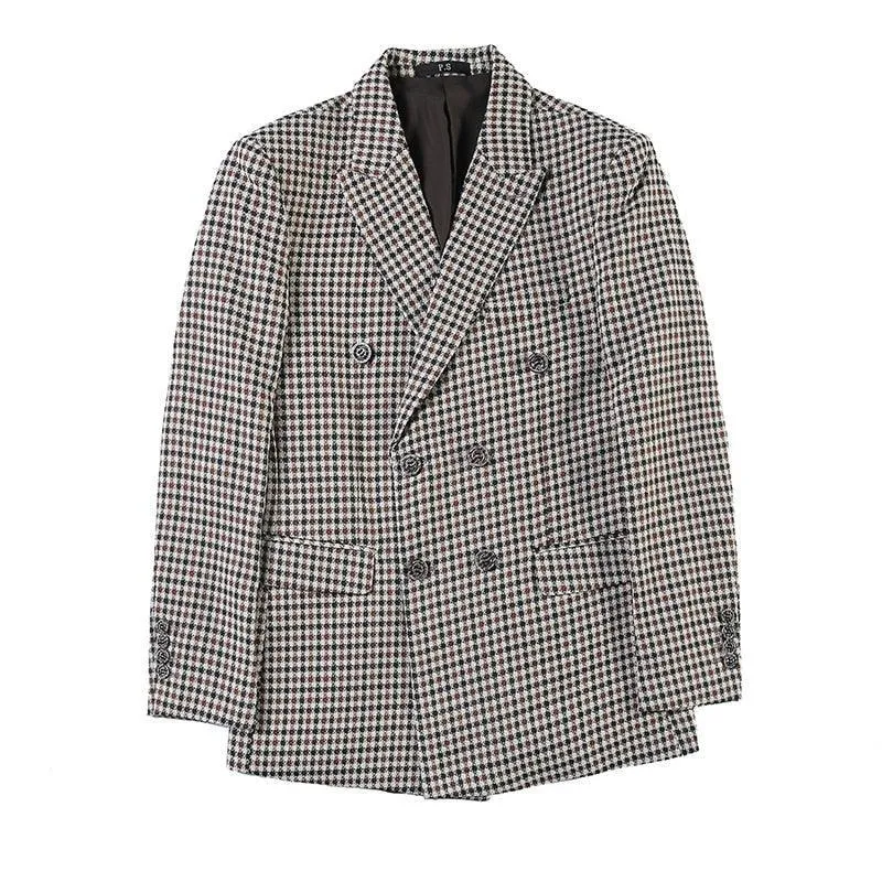 Men Blazer - Double-Breasted Houndstooth Blazer