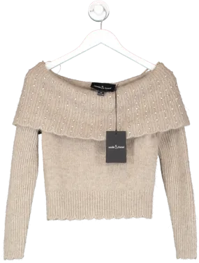 Needle & Thread Beige Merino/alpaca Crystal Embellished Of The Shoulder Jumper With Scalloped Hem UK XS