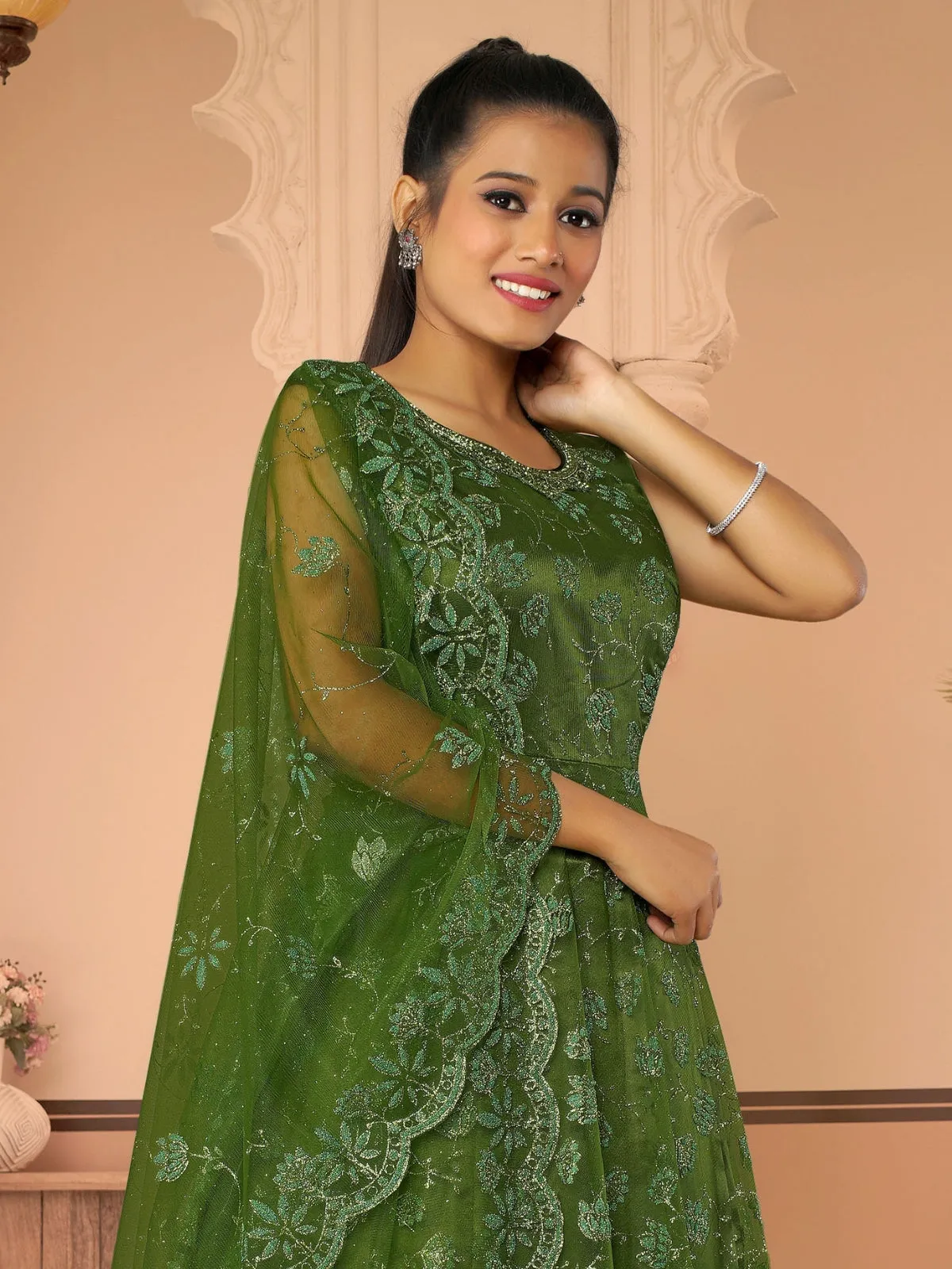 Odette Green Net  Embroidered Stitched Gown  for Women