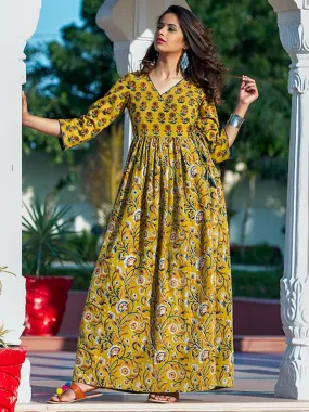 Odette Yellow Muslin Printed Stitched Gown for Women