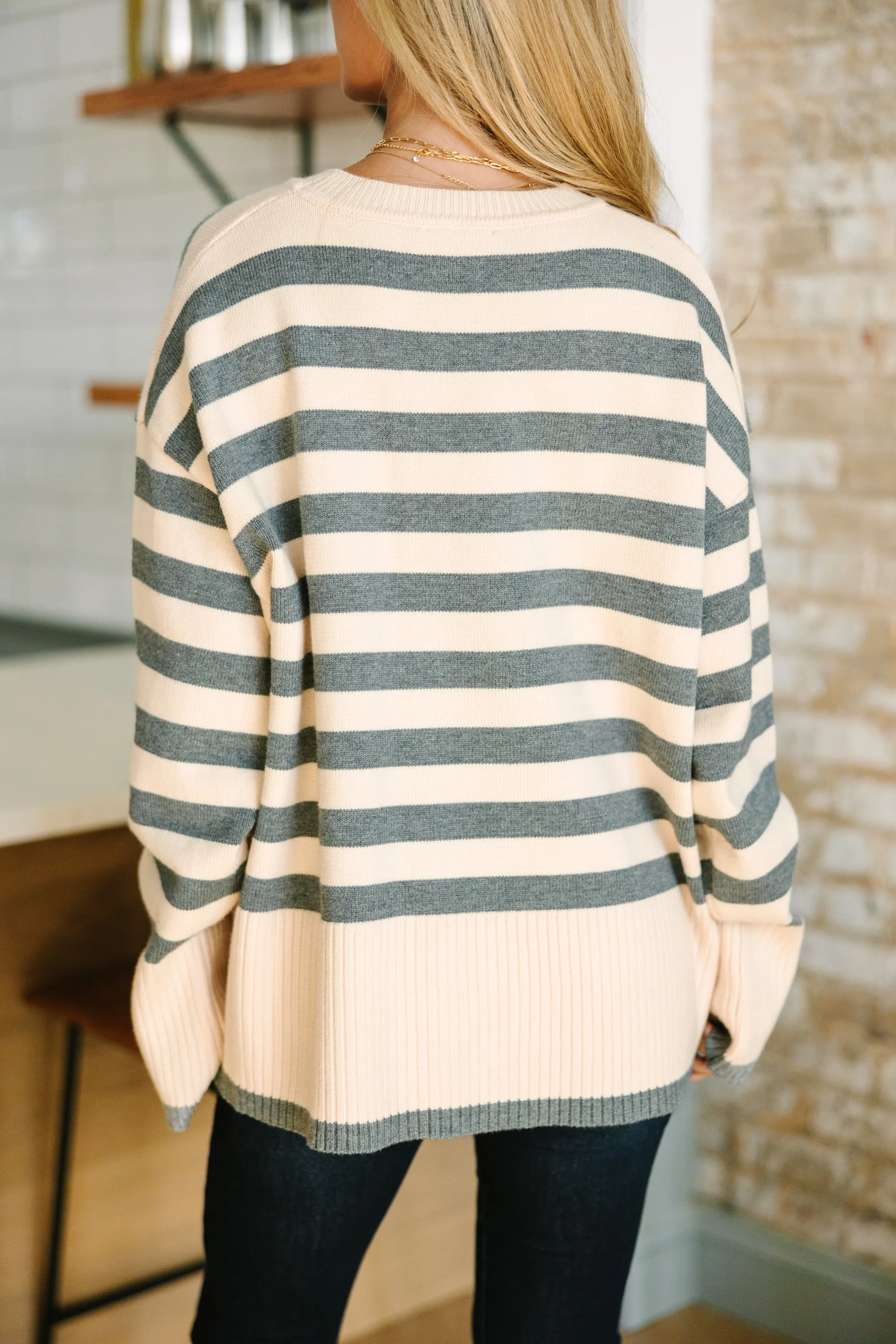 On The Way Up Heather Grey Striped Sweater