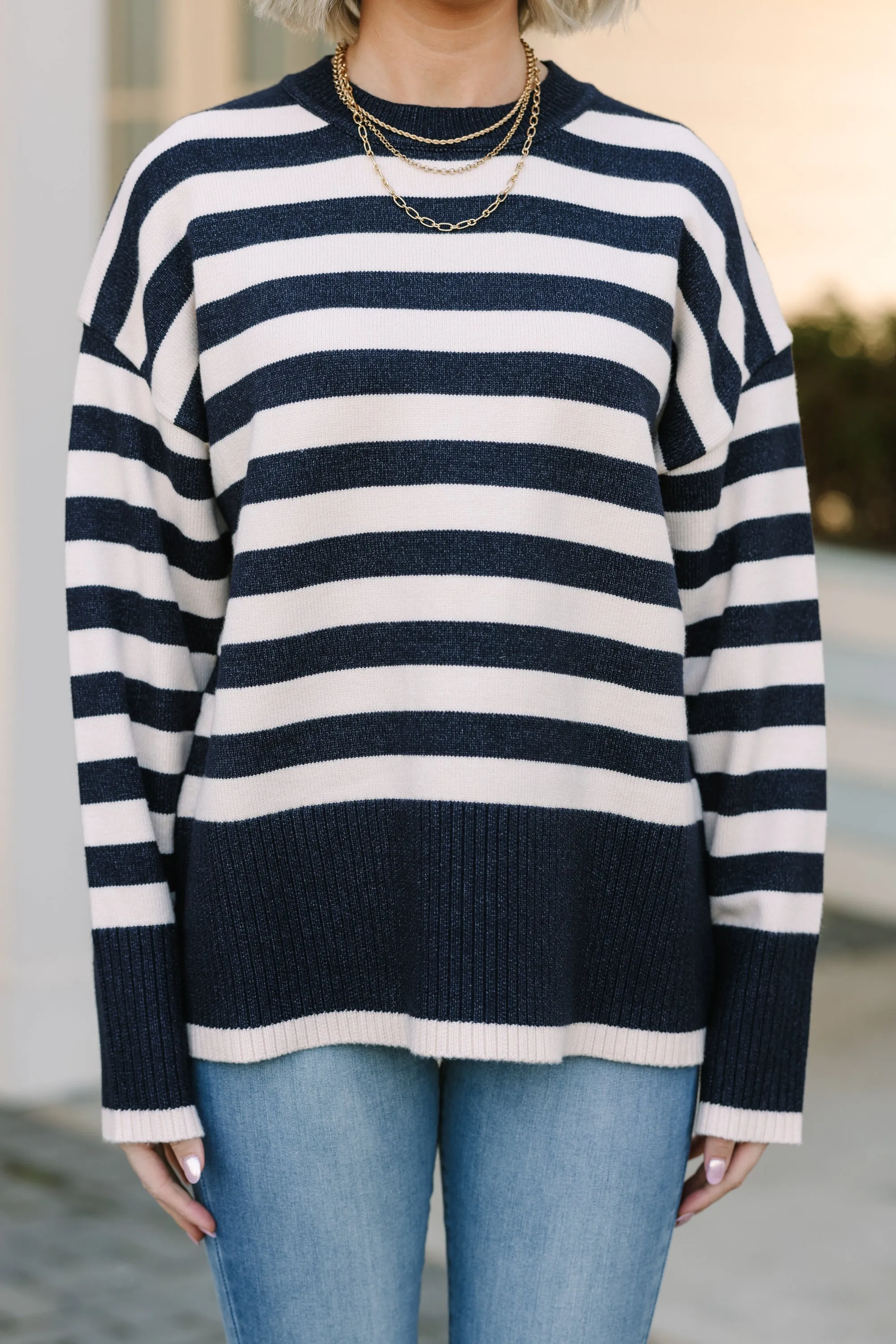 On The Way Up Navy Blue Striped Sweater