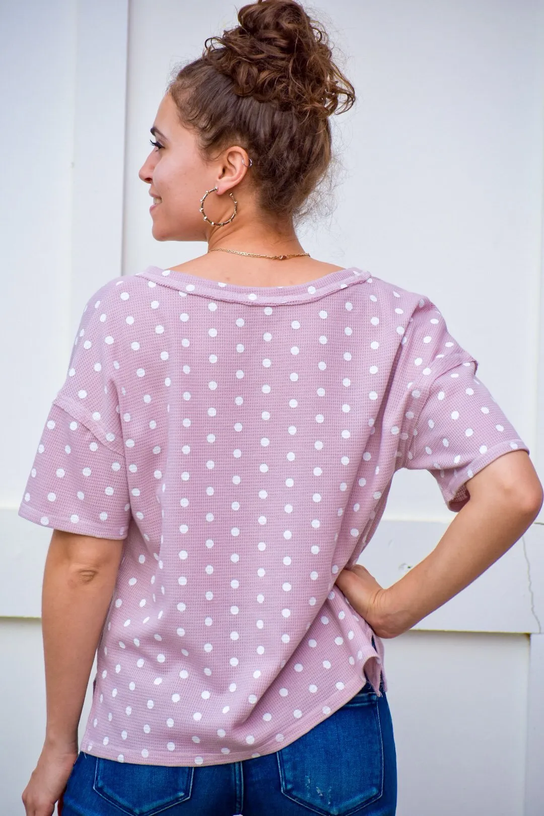 Open My Eyes Light Mauve Polka Dot Top