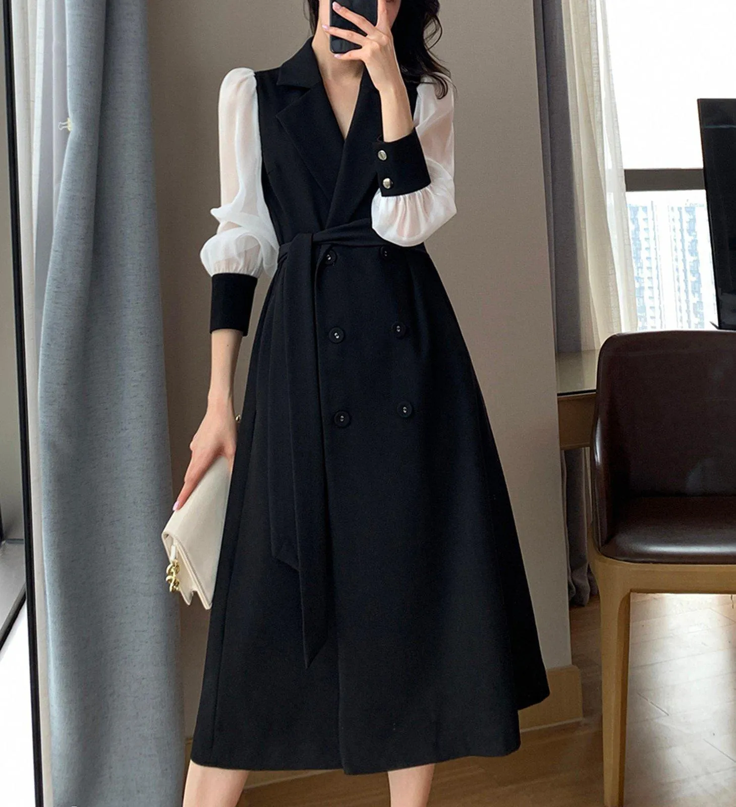 Patchwork Long Sleeve Belted Blazer Dress