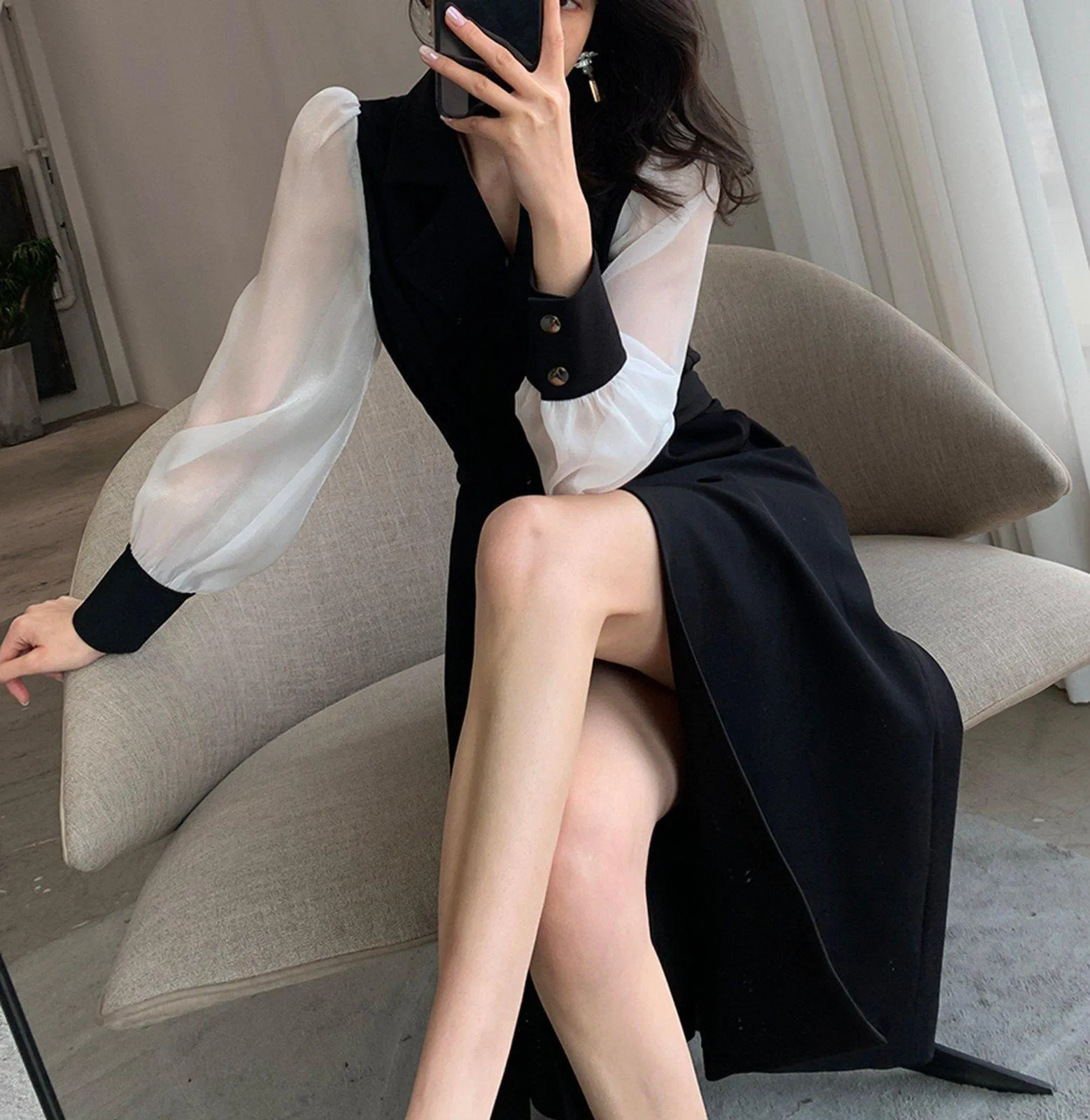 Patchwork Long Sleeve Belted Blazer Dress