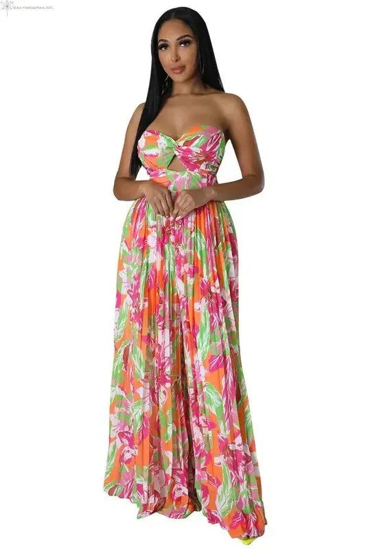 Pleated Wide Leg Jumpsuit Multicolored