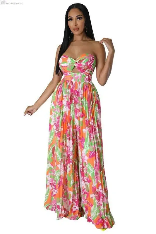 Pleated Wide Leg Jumpsuit Multicolored