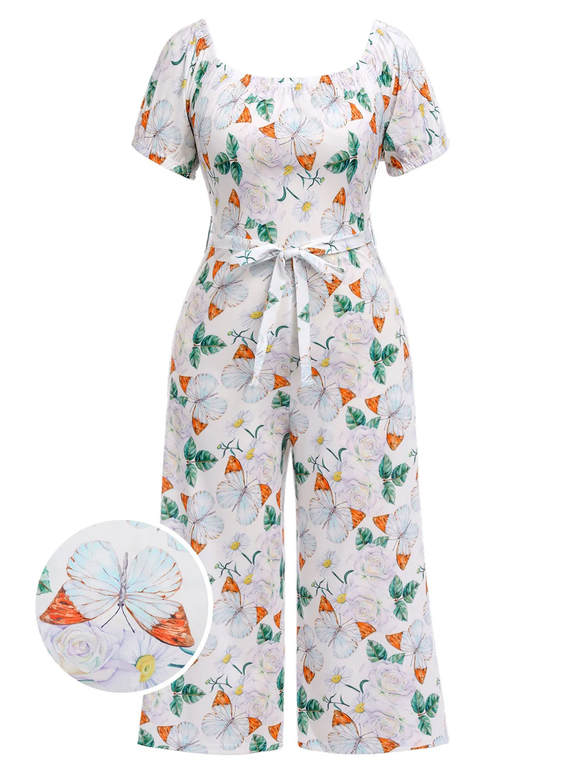 [Plus Size] Multicolor 1930s Butterfly Off Shoulder Jumpsuit