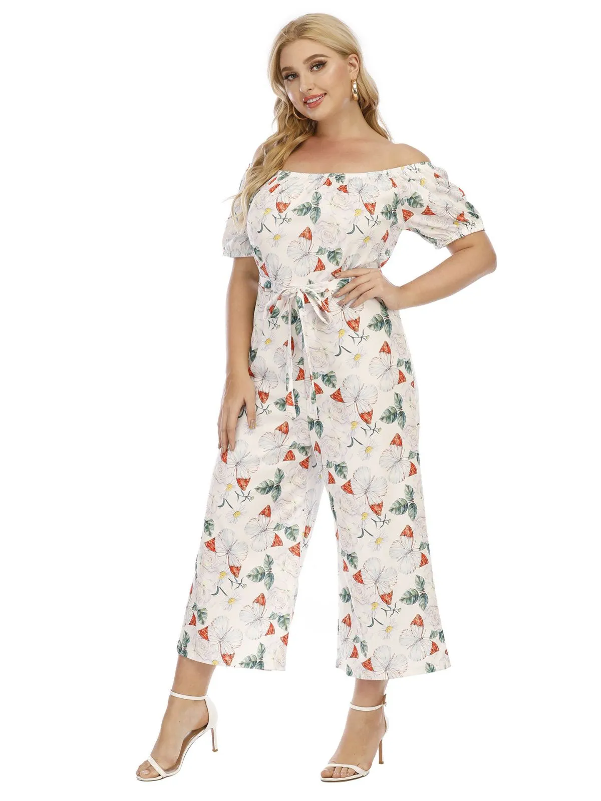 [Plus Size] Multicolor 1930s Butterfly Off Shoulder Jumpsuit